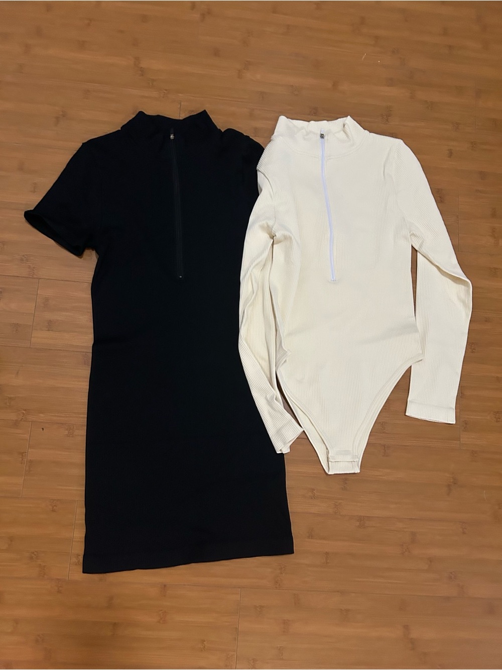 Black & Cream Ribbed Zip-Front Mini Dress Bodysuit